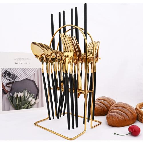 24pcs Black Gold Dinnerware Set Stainless Steel Cutlery Set Kitchen Fork Knife Spoon Tableware Set Flatware Set Silverware Set