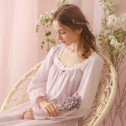Free Shipping 100% Cotton Princess Nightdress Royal Pijamas Pink and Purple Nightgown Womens Long Sleepwear Lace Nightshirt