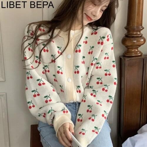 New 2021 Womens Autumn Winter Sweaters Short Cardigan Oversized Cherry Vintage Korean Wild Elegant Lady Knitwear Tops SWC1092JX