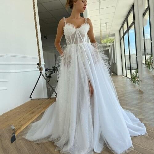 A-Line Prom Dress Sweetheart Sleeveless Dots Net Side High Split Evening Party Gowns Saudi Arabia Celebrate Dress Customize