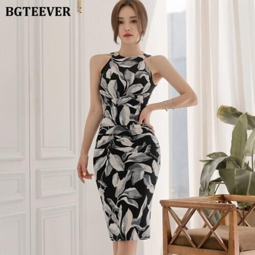 BGTEEVER Spring Summer Halter Floral Print Sheath Bodycon Women Dress Sleeveless Slim Waist Female Pencil Vestidos femme 2021