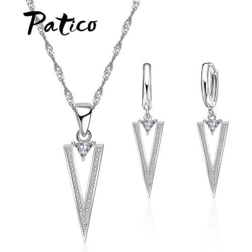 Creative Cubic Zircon Pendants Necklace Earrings 925 Sterling Silver Conical Hanging Triangle Model Prom for Women