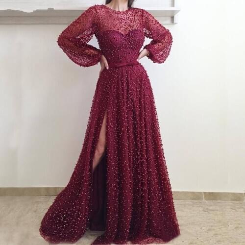 Luxury O-neck Heavy Pearls Burgundy Long Sleeve Evening Dresses 2020 Sexy Slit Belt Sweep Train Formal Evening Gown Prom Dress