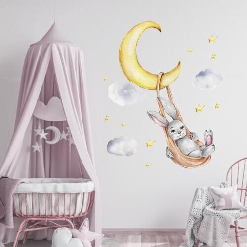 Happy Teddy Bunny Swing on the Moon Wall Stickers for Kids Room Baby Room Decoration Wall Decals Room Removable PVC Sticker