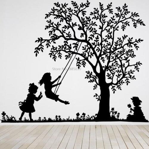 Little Girls On Swings Tree Decor Nursery Baby Room Home Decal Removable Vinyl Wall Sticker Mural BD337