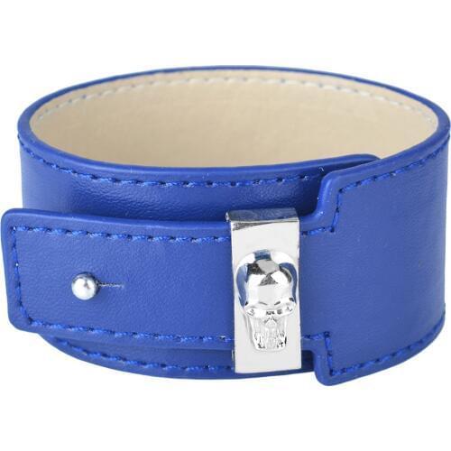 Kirykle Blue Wide-Leather Bracelet Skull Decorations Bangles Punk Style Jewelry For Women