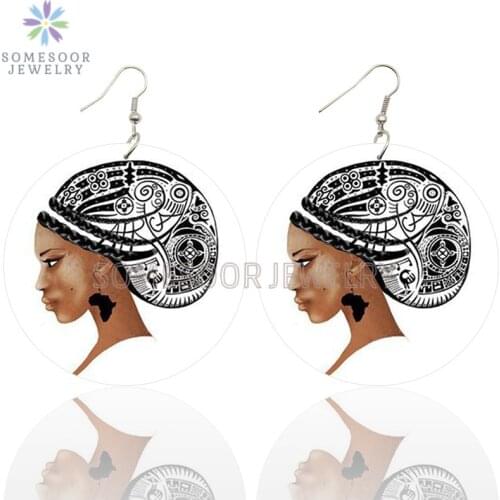 SOMESOOR Afro Headwrap Woman Wooden Drop Earrings African Map Ethnic Tribal Art Printed Loops Dangle Jewelry For Women Gifts