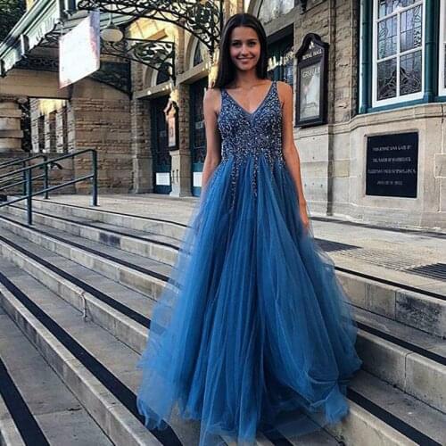 Dark Blue Tulle Evening Dress V Neck A Line Sequined Tulle Floor Length Special Occasion Sparkly Formal Party Long Prom Gowns