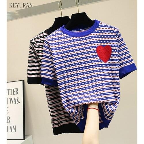 Summer Knitted Top for Women O Neck Hot Drilling Red Love Short Sleeve Striped Knitted T Shirts Black Blue Summe