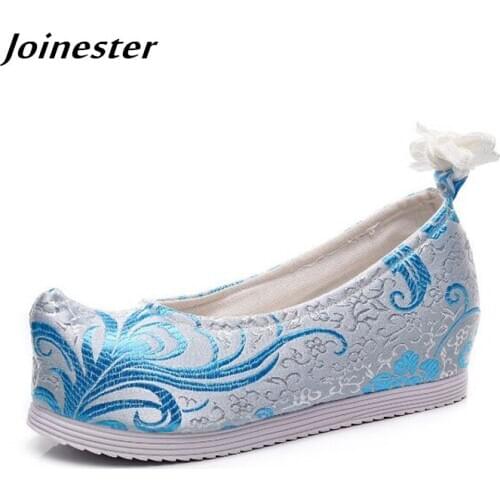 Spring Women Satin Embroidered Cross-Tied Ethnic Dress Shoes Ladies Vintage Wedge Pumps Dancing Loafers Retro Espadrilles