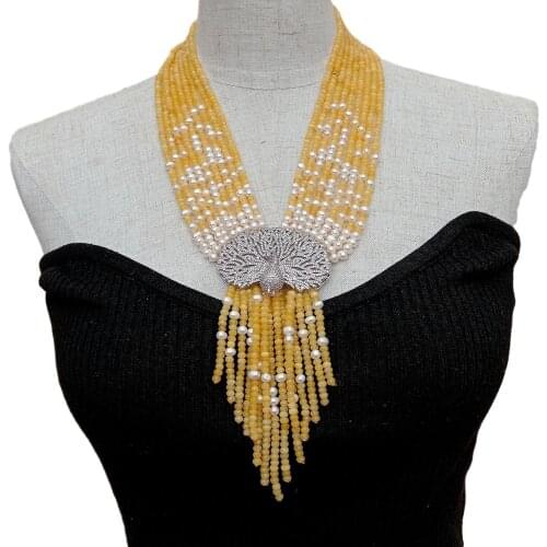 YYGEM 9 Strands 4MM Faceted Rondelle Yellow Jade White freshwater Pearl Necklace CZ Pave Peacock connector19.5"