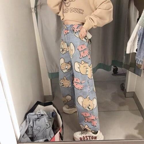 Womens Jeans Summer Pop High Waisted Wide Leg Pants Cartoon Printed Straight Leg Jeans Street Loose Casual Straight Pants New