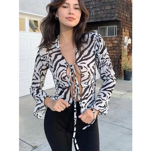 Tossy Summer Zebra Print Mesh Long Sleeve T Shirt Women Sexy See Through Vacation Party Tops Lace-Up Cardigan Holiday Beach Top