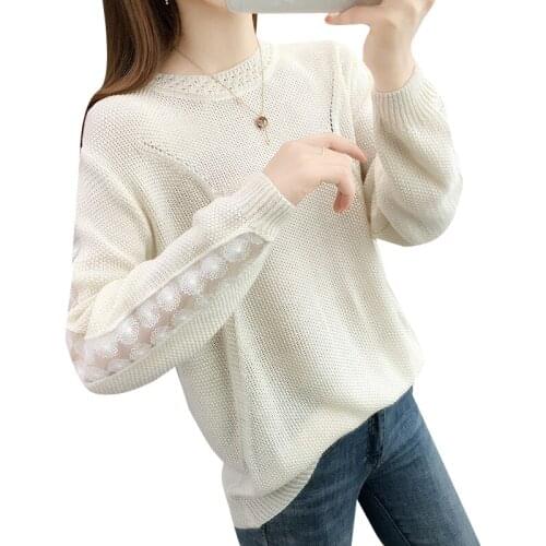 2020 Mesh Printing Knitted Sweater Female Round Neck Long sleeve Lace Stitching Bottoming Pullover Jumpers Women