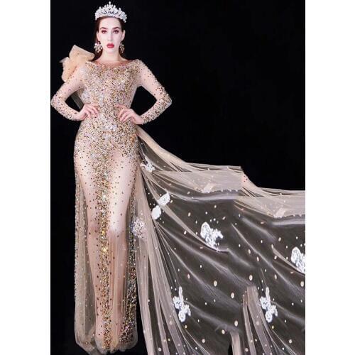 Multi-color Rhinestones Transparent Long Dress Womens Wedding Birthday Celebrate Outfit Mesh Singer Dance Bar Dresses DWY3247