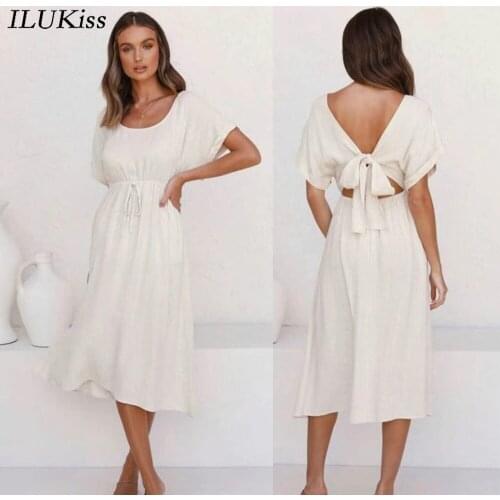 Backless Bow Women Dress Summer 2021 Elegant Fashion Casual O neck Short Sleeve Lace up White Slim Midi Woman Dresses Vestidos