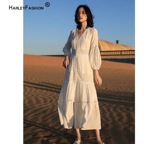 HARLEYFASHION Women Retro Embroidery Hollow Out Casual V-Neck Lantern Sleeve Reduction Age Goddess Beach Style Length Dress