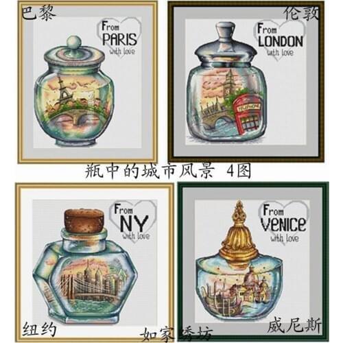 Gold Collection Embroidery City View in Bottle Funny Cross Stitch Designs with 100% Cotton Floss & Free Shipping for Home Decor