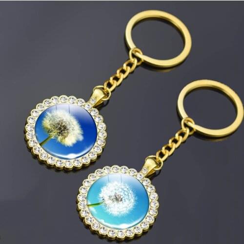1pc Dandelion Pattern Gold Plated Glass Rhinestone Keychain Simple Dandelion Flowers Glass Cabochon Jewelry Crystal Key Chains