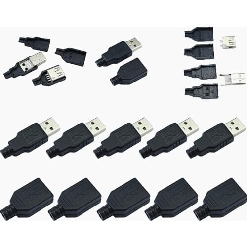 10pcs USB 2.0 Type A Male Female USB 4 Pin Plug Socket Connector With Black Plastic Cover Type-A DIY Kits