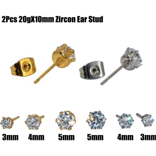 2Pcs Surgical Steel Ear Earring Tragus Helix Stud Gold & Silver Color Zircon Gauge earring Lobe Stud Piercing Body Jewelry