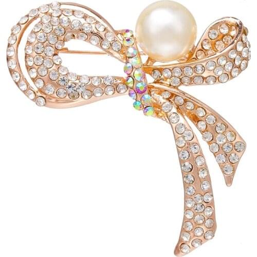 2021 Fashion Jewelry Vintage Crystal Rhinestone Bow Brooch Pendant Alloy Imitation Pearl Brooch for Womens Collar Accessories