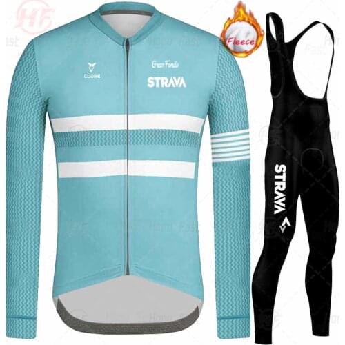 2021 STRAVA Men Team Cycling Jersey Set Winter Long Thermal Fleece Warm Clothes MTB Bicycle Sport Cycling Clothing Ropa Ciclismo