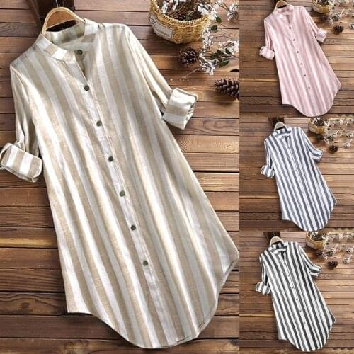 2021 Spring Summer Women Vintage Long Sleeve Striped Blouse Cotton Linen Shirt Vestido Casual Long Top Blusas Robe Femininas