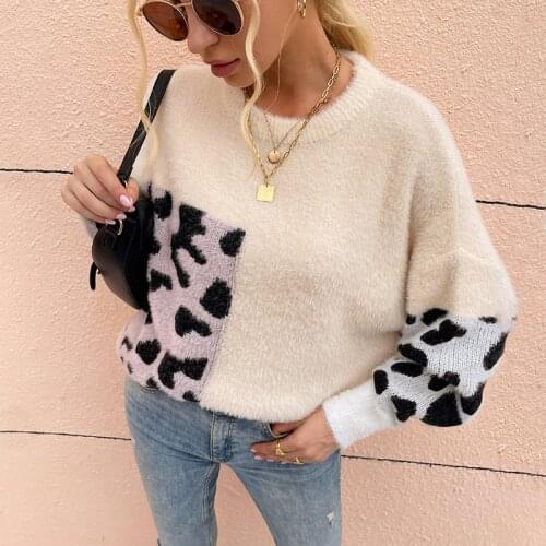 2021 New Color-block Wool Leopard Women Sweater Autumn Winter O-Neck Full Sleeve Casual Jumper Knitted Female Oversize Pullovers