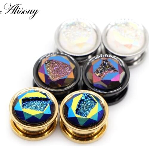 Alisouy 2pc New Stainless Steel Earrings Ear Piercing Tunnels Plugs Crystal Screw Expanders Stretched Studs Flesh Body Jewelry