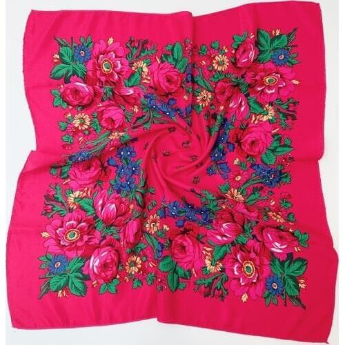 Floral Russian Scarf Luxury Flower Small Handkerchief Ethnic Shawl Women Hijab Acrylic Scarf Printed 70CM Headband Scarf Bandana