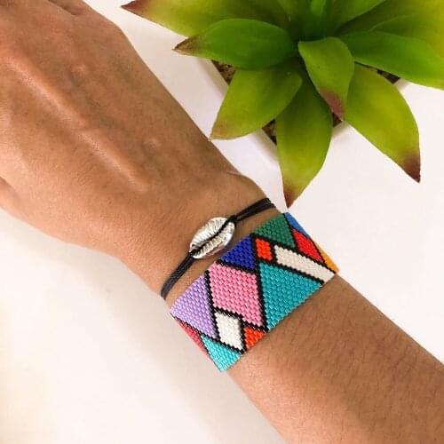 Simple Bohemian Ethnic Style Handmade Miyuki Rice Beads Geometric Color Combination Beaded Couple Bracelet Cuff Bracelet