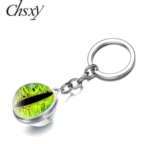 CHSXY Goth Dragon Eyes Glass Ball Keychain Art Photo Jewelry Lucky Evil Eye Pendant Key Chain Chameleon Cat Eye Key Ring Holder