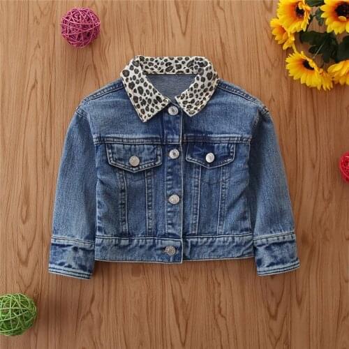 0-5Yrs Children Leopard Jackets Fashion Kids Long Sleeve Denim Coat Warm Autumn Girls Washed Clothing Outfits