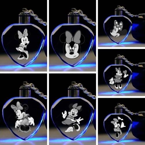 Disney Minnie Anime Figures Toy Cartoon Heart Products Accessories Customized LED Keychain Light Birthday Gifts