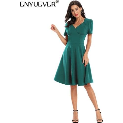 Enyuever Elegant Green Office Dress Women V Neck Short Sleeve High Waist Robe Pin Up Swing Wear To Work Ladies Dresses Vestidos