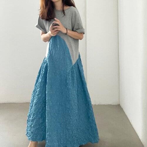 Korean Chic French Temperament Round Neck Irregular Folds Contrast Stitching Design Loose and Large Swing Long Dress