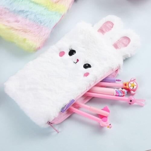 Kawaii Bunny Pink Pencil Case For Girls Boys Plush Pencil Box School Cute Large Capacity Pencil Case Stationery School Supplies
