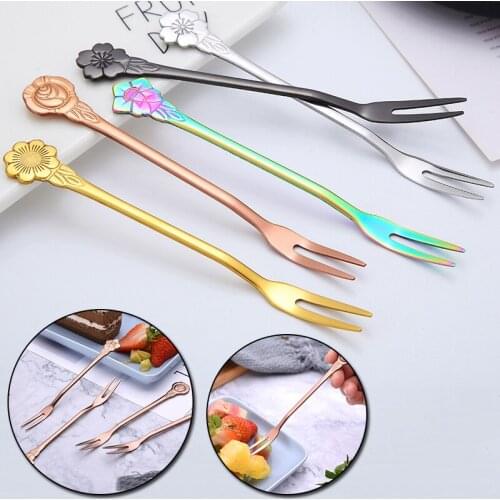 Stainless Steel Two-tine Fruit Fork Flower Shape Cake Dessert Fork Supplies Tableware Kitchen Flatware Dessert Fruit Fork