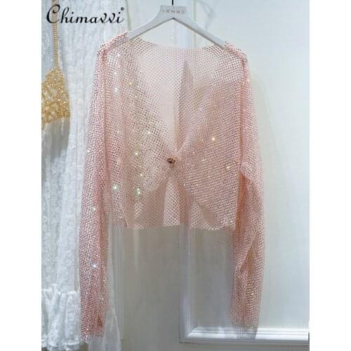 New Disco Sexy Crystal Mesh Shirt Top Bright BlingTemperament Full Diamond Outer Wear Ponchos Long Sleeve Cardigans