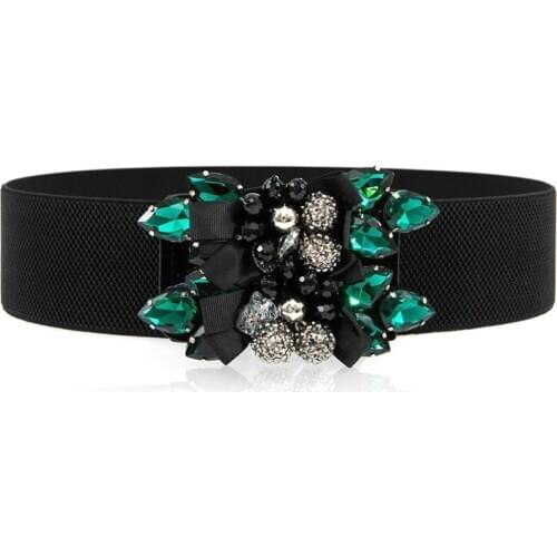 Summer fashion women patchwork green rhinestone beads bow elastic dress wide waist belt , designer woman stretch waistband belts