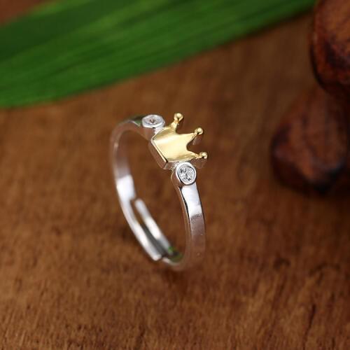 Daisies Pure 925 Sterling Silver Elegant Crown Crystal Gold Opening Finger Ring Sterling Silver Jewelry Women Best Gift
