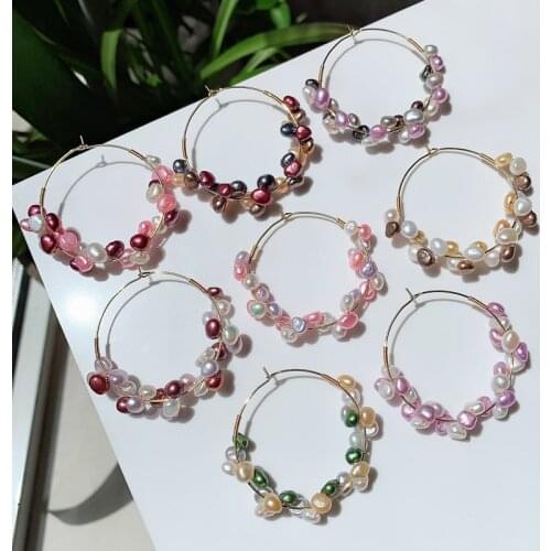 Natural Freshwater Pearl Earrings for Women Mixed Colorful Baroque Pearls Big Circle Flower Ear Loop Hoop Earrings Wedding Party