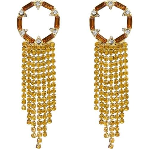 Fashion Shiny Long Alloy Rhinestone Earrings for Women Wedding Gold Color Tassel Circles Drop Earrings Bridal Oorbellen Jewelry