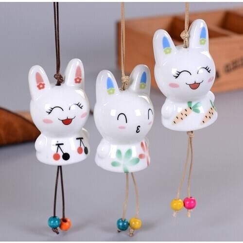 1Pcs Cute Cartoon Rabbit Ceramic Wind Chimes Hanging Decorations Creative Automobile Accessories Home Door Windows Hanging Decor