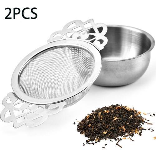 1/2pcs Spice Stainless Steel Tea Strainer With Drip Bowl Easy Clean Loose Leaf Hanging Herbal Double Ear Infuser Filter Mesh