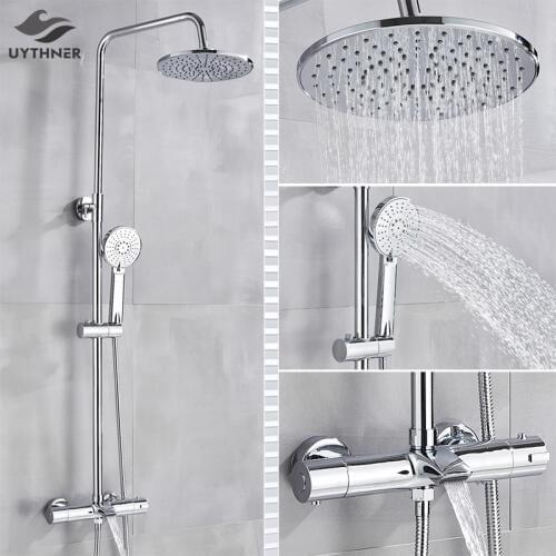 Bathroom Faucet Chrome Rain Shower Head Thermostatic Bath Faucet Wall Mounted Bathtub Shower Mixer Tap Shower Faucet Shower Set