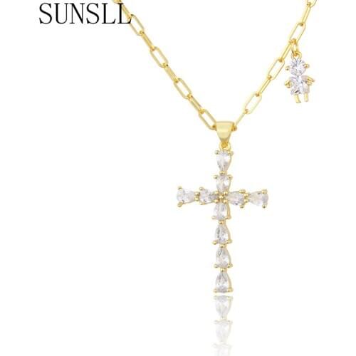 SUNSLL Fashion Gold necklace white CZ AAA Cross pendant necklace for women anniversary party Combination sweater chain gifts