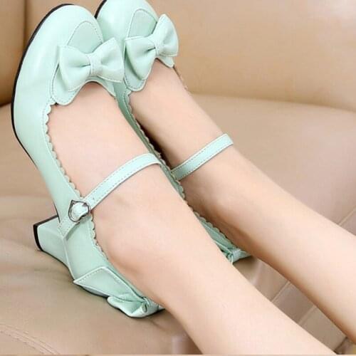 Japanese Lolita Round Head Student Cute Heart Bow Jk High Heel Shoes Bowknot Princess Kawaii Girl Women Shoes Cos Vintage Sweet