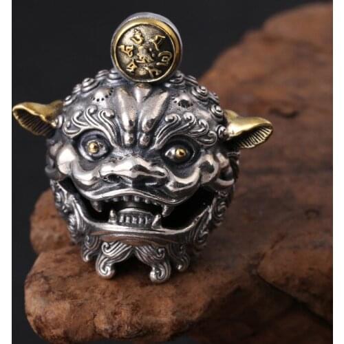 Pure silver ornaments Retro fashion Thai silver personality the mythical wild animal bell man pendant necklace pendant